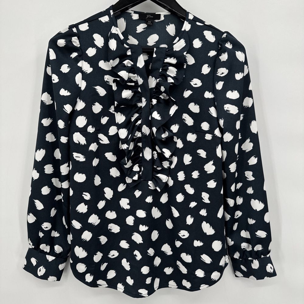 J Crew Long Sleeve Ruffle Front Top‎ Brushstroke Print NWT Navy Blouse Size XS